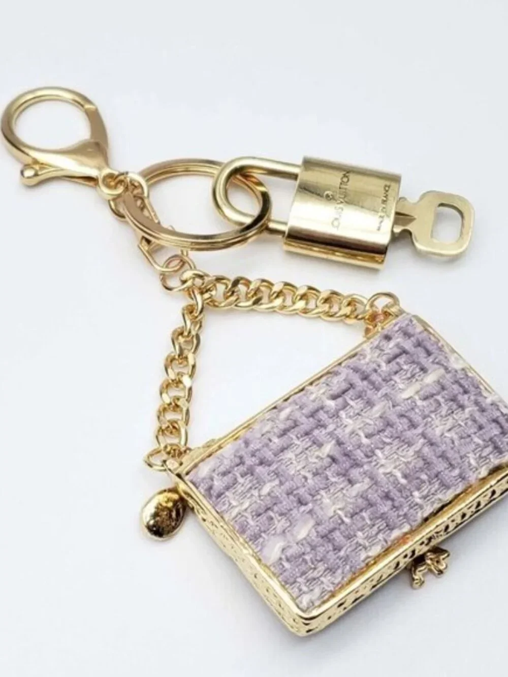 LV Gold Padlock 🔑 Authentic Louis Vuitton Charm + Unbranded Tweed Bag Keychain